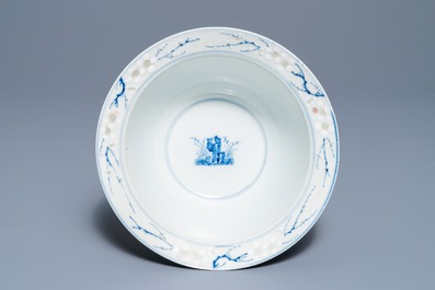 A Chinese blue, white and underglaze red prunus bowl, Chenghua mark, Kangxi